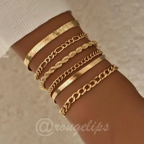 Set of 6 Gold Tone Bracelets Chain Rope Fashion Jewelry - Picture 1 of 5